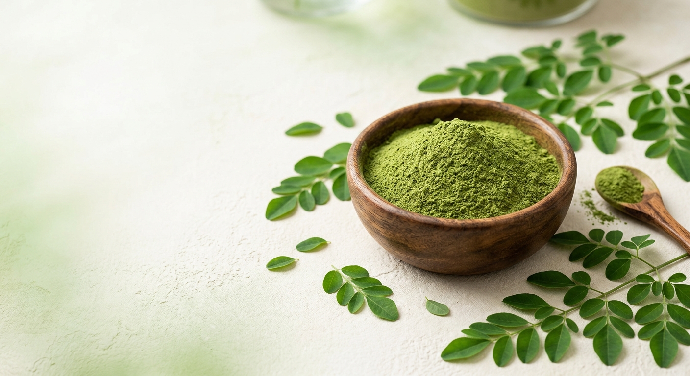 Bowl of moringa powder surrounded by fresh leaves